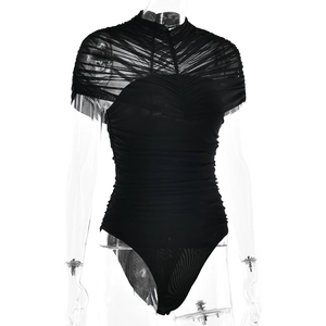 Detail view of black mesh bodysuit with ruched sheer shoulders and short sleeve design