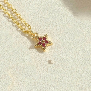 Macro shot of gold star pendant with red zircon inlay on delicate necklace chain
