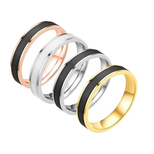 Minimalist stainless steel rings in four finishes: rose gold, silver, and gold tones