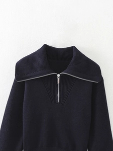 Detail of navy blue ribbed knit sweater featuring a stylish quarter-zip collar design