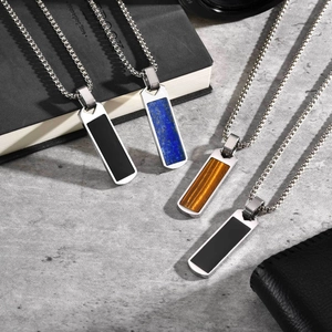 Men's stainless steel necklace set with lapis lazuli and tiger eye rectangular pendants