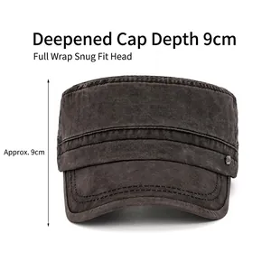 Vintage washed cotton flat top military cap for men with 9cm depth and metal badge