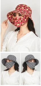 Detail of wide brim sun hat with matching floral and plaid face masks for UV protection