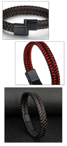 Detail of woven leather bracelet with contrast stitching and black magnetic clasp