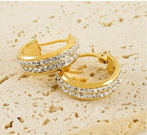 Detail of 18K gold-plated stainless steel hoop earrings with double-row sparkling rhinestones