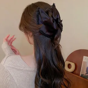 Large Satin Bowknot Hair Claw Clip With Rhinestone Beads Edge Elegant Fabric Shark Clip Vintage Accessory For Women