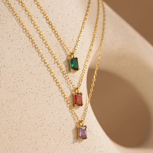 18K gold plated titanium steel necklaces with colorful rectangular zircon birthstone pendants