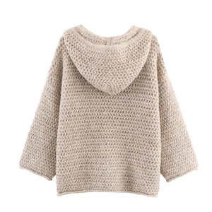 Oversized beige chunky knit hoodie for women with a back view of the textured weave