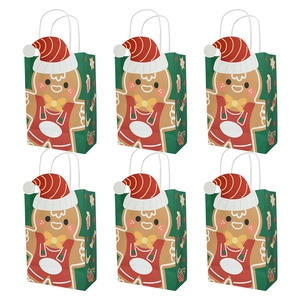 Detailed grid of six green Christmas kraft paper bags with festive gingerbread man prints