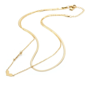 Double layered gold titanium steel heart pendant necklace with sleek snake and O-chains