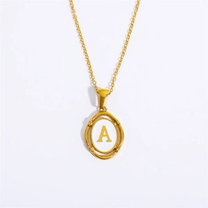 Gold-plated oval pendant necklace featuring a white center with the initial letter A
