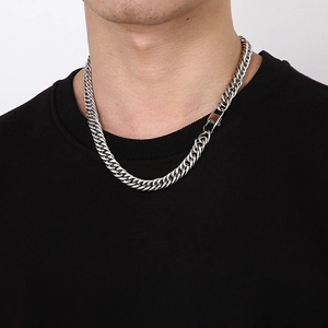 Silver stainless steel curb chain necklace with spring clasp shown on a neck model