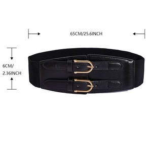 Detail view of 6cm wide black elastic waist belt with double gold buckles and PU leather