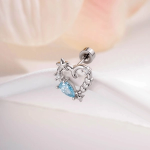 Hollow heart stud earring with light blue teardrop zircon and silver star details