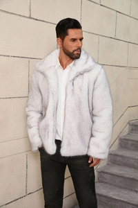 Detailed view of the thick fluffy texture on this men's white and gray faux fur jacket