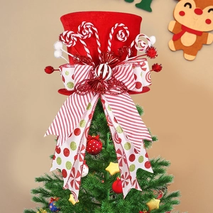 Red Christmas tree topper hat with festive bow and spring base decoration