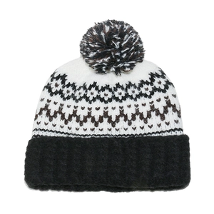 Fair Isle geometric knit beanie with pom-pom and ribbed cuff in black, white and brown