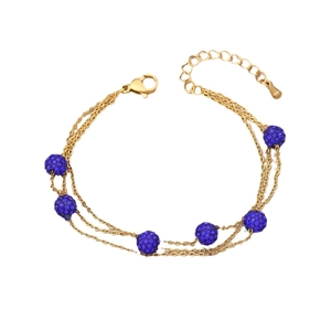 Three-layer gold stainless steel chain bracelet with blue rhinestone clay beads