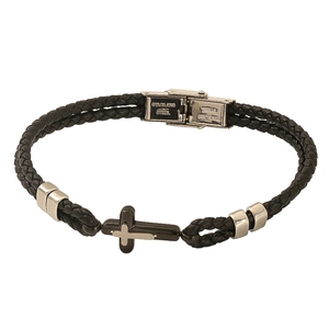 Bracelet vintage en cuir tressé avec croix en acier inoxydable pour homme sur fond blanc