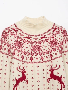 Detailed view of the Christmas knit sweater with reindeer and snowflake patterns
