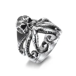 Vintage Octopus Skull Ring Stainless Steel Distressed Gothic Punk Cthulhu Style Thumb Ring For Men