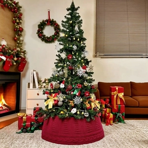 Jupe de sapin de Noël tricotée rouge avec motif torsadé sous un sapin décoré de fêtes