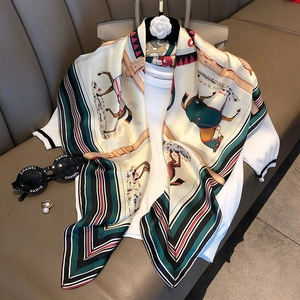 Classic horse and carriage pattern 90cm silk scarf with stripe border on white knitwear