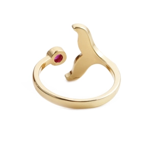 Gold fishtail open ring featuring a round red zircon inlay in a minimalist sea theme design