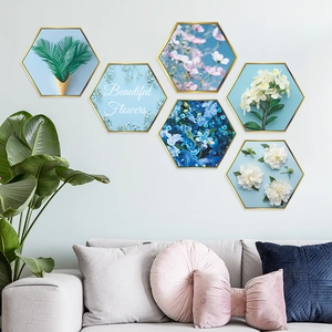 Modern hexagonal green plant wall art set with golden frames and floral patterns