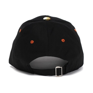 Classic black baseball cap rear view with orange eyelets and adjustable strap