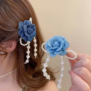 Denim Fabric Rose Flower Hair Clip With Long Imitation Artificial Pearl Tassels Vintage Elegant Bow Hairpin For Women Girls