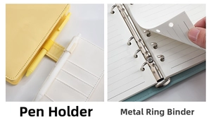 Detail of macaron PU notebook with a pen loop and durable metal 6-ring binder