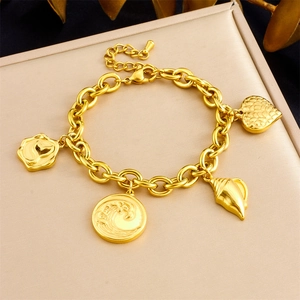 Vintage Ocean Charm Bracelet Gold Plated Stainless Steel With Shell Whale Tail Heart Pendants For Women