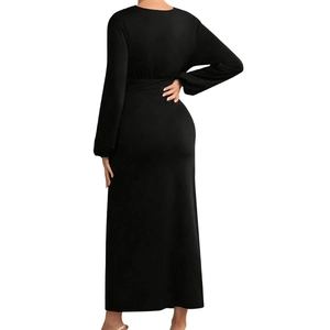 Black long sleeve maternity bodycon dress with V-neck and elegant slim fit silhouette