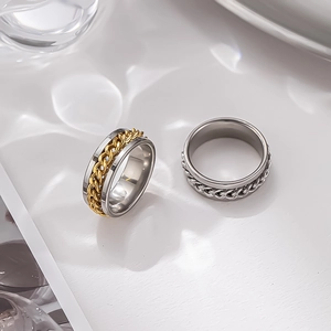 Rotating stainless steel spinner ring with Cuban chain link design for men and women