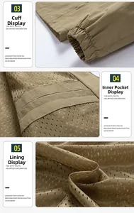 Detail of khaki jacket with elastic cuffs, mesh lining and internal pocket for breathability