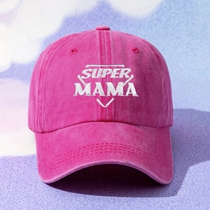 Detailed close-up of Super Mama embroidery on the washed pink cotton baseball cap
