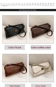 Nahaufnahme rechteckiger Glanzledertaschen mit eleganten Metallschnallen in vier Farben