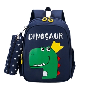 Navy blue kids dinosaur backpack with matching pencil case and yellow zippers