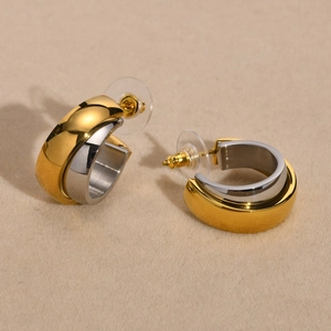 Orecchini a cerchio a C bicolore in acciaio inossidabile lucido oro e argento mix