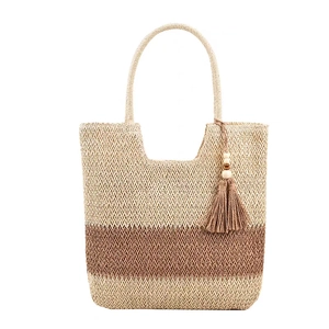 Fashionable woven straw tote bag with brown stripes and wooden bead tassel decor
