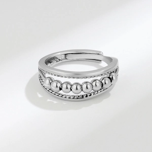 Adjustable multi-layer silver beaded ring with textured rope pattern and polished finish