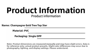 Specifications of champagne gold PVC Christmas tree topper star with OPP packaging details