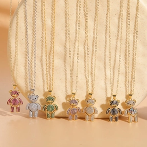 14K gold plated teddy bear pendants with colorful cubic zirconia on dainty cross chains