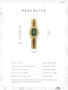 Detailed parameter diagram for diamond quartz watch with gold metal band and green dial