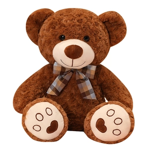 Classic dark brown curly plush teddy bear with plaid bow and heart embroidery on paws