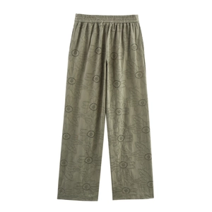 Olive green high waist wide leg pants with hollow-out embroidery and elastic waist