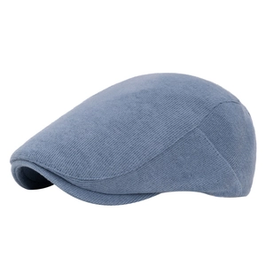 Classic blue corduroy cotton beret for men and women with warm knitted texture