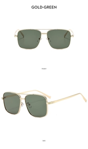 Detailed front and side views of gold square aviator sunglasses with green lenses
