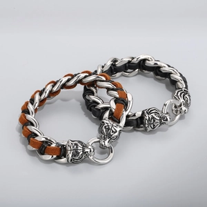 Men's titanium steel bracelet with bold double tiger head clasp and woven leather strap